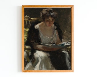 Vintage Woman Reading Art Print | Dark Academia Portrait