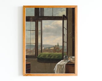 ART PRINT | Vintage Prague Oil Painting | A View of the Prague Old Town From a Window Artwork | Interior Scene Art | Prague Painting