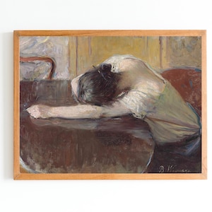 ART PRINT | Vintage Kitchen Interior Oil Painting | Tired Young Woman Portrait Wall Art Print | Woman Resting her Head on a Kitchen Table