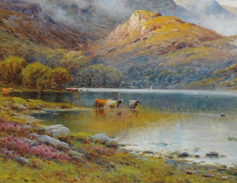 Mountain Lake Painting Mountain Landscape Art FREE SHIPPING Cow Herd Oil Painting Farmhouse Decor