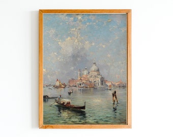 ART PRINT | Vintage Venice Italy Oil Painting | Santa Maria Della Salute Basilica Print | Venice Cityscape | Mediterranean Architecture Art