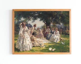 Puede incluir: Una pintura al óleo vintage que representa a un grupo de mujeres con vestidos blancos reunidas en un entorno de jardín. Las mujeres están sentadas en una manta bajo un gran árbol, disfrutando de un picnic. La pintura presenta un fondo verde exuberante con un cielo azul brillante.