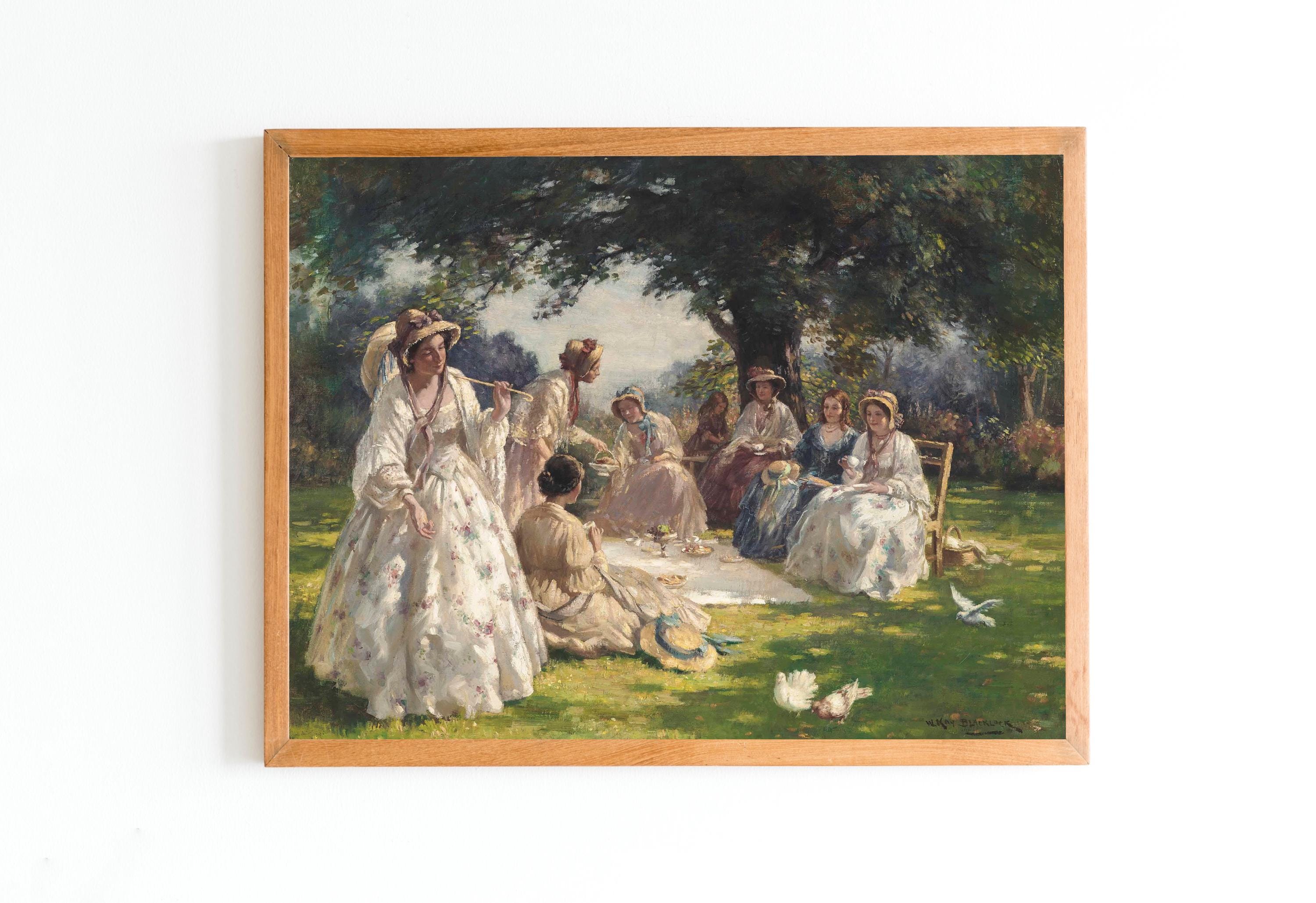 アートプリント | ピクニックをする女性たちの油絵 | 草原に立つ