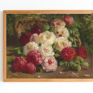 IMPRESIÓN DE ARTE / Arte vintage floral / Pintura al óleo de rosas rosas y blancas / Estampado floral blanco / Arte de bodegones antiguos / Obras de arte botánicas