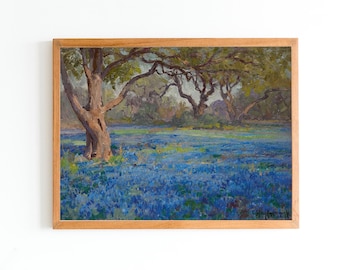 ART PRINT | A Field of Blue Bonnets Oil Painting | Alamo Heights Wall Art | Texas Landscape Art | Blue Flower Field Print | Wild Flowers Art