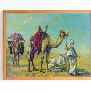 ART PRINT | Camel Drivers Resting Oil Painting | Vintage Desert Wall Art Print | Traditional Arabic Desert Nomads Art Print | Landscape Art