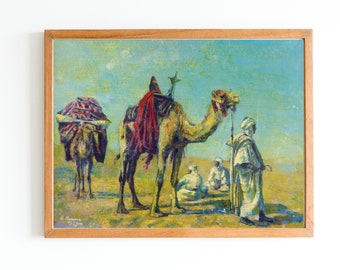 IMPRESSION D'ART | Chameliers au repos peinture à l’huile | impression d’art mural du désert vintage | Impression d’art traditionnelle des nomades du désert arabe | Art du paysage