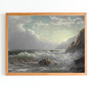 ART PRINT | Seascape With Rocks Oil Painting | Vintage Coastal Wall Art Print | Beach Decor | Ocean Waves Artwork | Sea Foam Painting