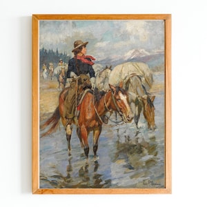 KUNSTDRUCK | Western Ölgemälde | Cowgirl mit Pferd Wanddekor | Cowgirl Kunstdruck | Pferd Gemälde | Vintage Pferd und Reiter Gemälde