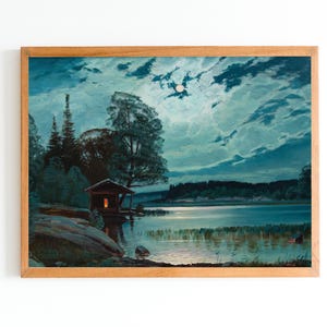 ART PRINT | Rustic House on River Shore Oil Painting | Magical Night with a Half Moon Wall Print | Moonlight Over the Lake