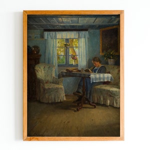 ART PRINT | Vintage Interior Scene Oil Painting | Female Portrait Art | Woman Reading by the Window Wall Art Print