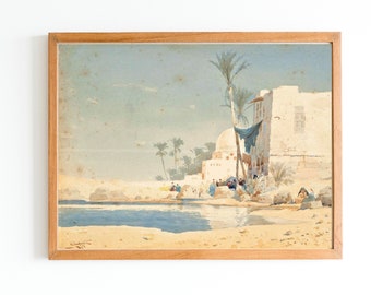 IMPRESSION D'ART | peinture à l’huile de village arabe vintage | Art du paysage du désert arabe | Impression de village antique | Village Désert du Sahara | Art oriental