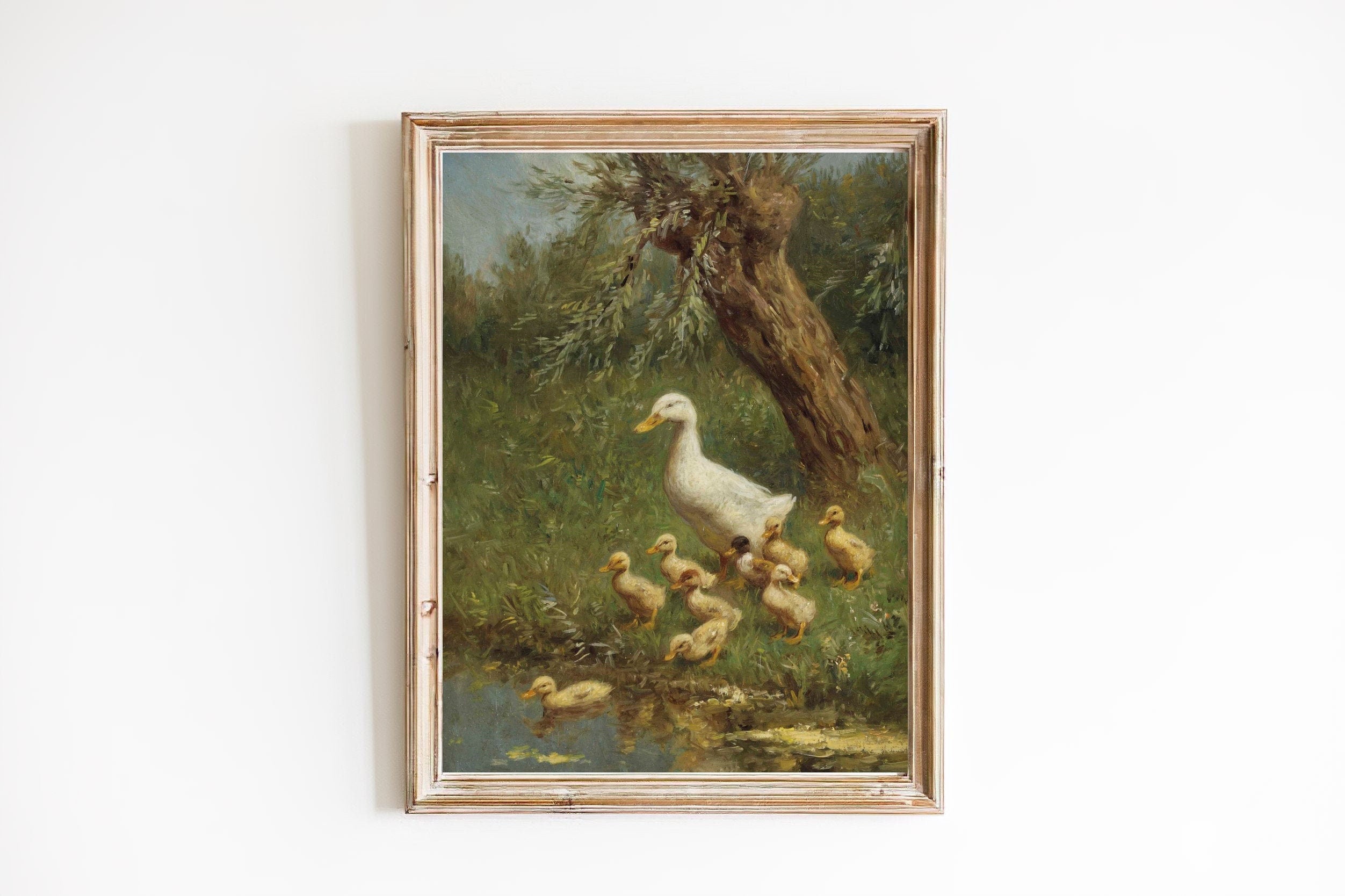 ART PRINT | Goose and Gosling Oil Painting | White Goose Wall Art Decor | Yellow Baby Gosling Painting | Farm Animal Nursery Decor