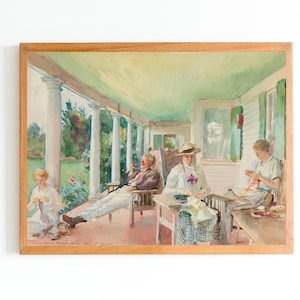 ART PRINT | Vintage Watercolor Painting | Retro Portrait Art Print | Antique Balcony Painting | Family Time Scene Art Print | Terrace Decor
