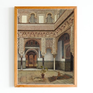 ART PRINT | The Alhambra Palace In Granada Oil Painting | Palace Interior Scene | Andalusia Spain Painting Arab Fortress Art
