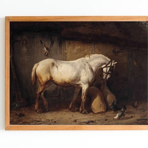 May include: A painting of a white horse standing in a stable with a brown wooden door and a hay bale. The horse is wearing a leather halter and has a dark brown mane and tail. There are chickens and a bird in the background.