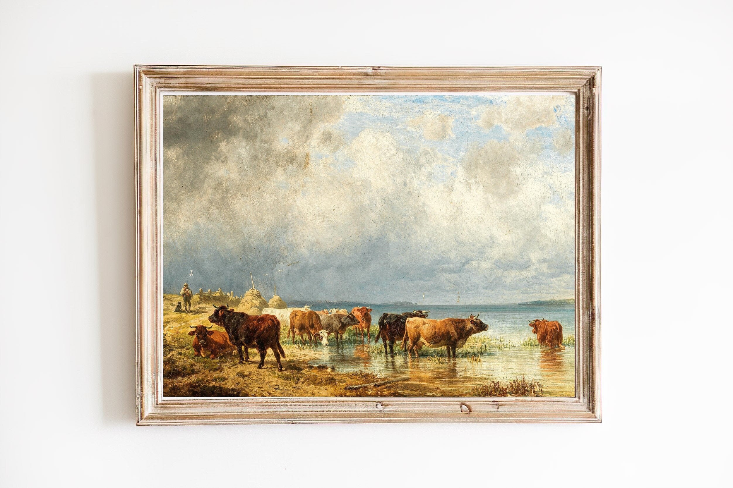 ART PRINT | Vintage Cows Wall Art Print | A Herd of Cattle Near a Lake Oil Painting | Antique Landscape Art Print | Farmhouse Decor
