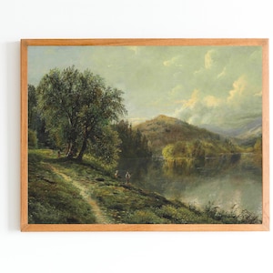 ART PRINT | Vintage Landscape Oil Painting | Antique Lake Art | Vintage Fisherman Print | Riverbank Art  | Country Painting | Farmhouse Art