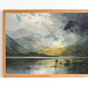 ART PRINT | Vintage Landscape Print | Grazing Cows Oil Painting | Farmhouse Wall Art | Meadow Landscape | Mountain Lake