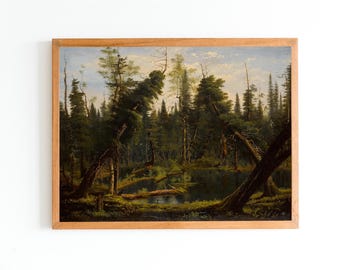 Impression d'art de peinture à l'huile d'étang de forêt | Décoration murale naturelle antique