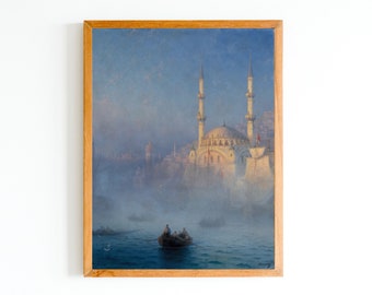 ART PRINT  | Vintage Istanbul Painting | Antique Boats on the Bosphorus Painting | Mosque Print | 19th Century Istanbul Art | Turkish Art