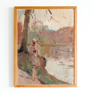 ART PRINT | Woman in the Park Oil Painting | Figurative Painting | Neutral Nature Print | Vintage Woman Print | Riverbank Art | Fashion Art