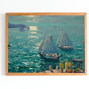 ART PRINT | Vintage Seascape Oil Painting | Sailboats Art Print | Night by the Sea  | Coastal Clouds | Vintage Nautical Art