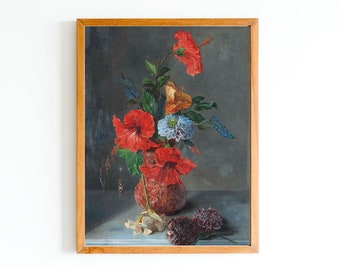ART PRINT | Flowers Vintage Oil Painting | Hibiscus Print | Vintage Still Life | Freesias Print | Dahlias Art | Bluebells Art | Floral Art