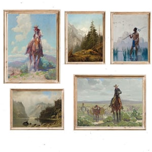 ART PRINTS | Western Gallery Wall Art Set | Set of 5 Giclee Prints | Vintage Wild West Oil Painting | American Landscape | Classic Painting