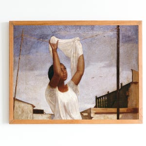 ART PRINT | Vintage Laundry Room Wall Art Print | Antique Afro Girl Portrait Oil Painting | Laundress Artwork | Clothes Line Painting