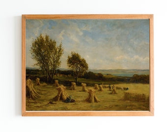 ART PRINT | Vintage Landscape Oil Painting | Harvest Time Art  | Farm Field Artwork | Countryside Wall Art | Farmhouse Decor