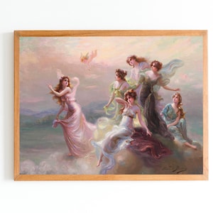 ART PRINT | Nymphs and Cupid Vintage Painting | Vintage Mythological Wall Art | Fantasy Art Print | Red Hair Nymphs in the Clouds Art