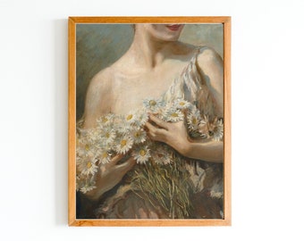 ART PRINT | Lady With Daisies Bouquet Oil Painting | Antique Flowers Artwork | Daisies Wall Art | Classic Oil Portrait | Female Art