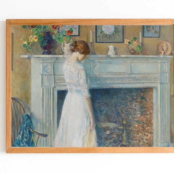 IMPRESSION D'ART | peinture à l’huile de scène intérieure vintage | Impression d’art de cheminée | Portrait de femme Art mural | Art antique de la vieille maison | Peinture de fille
