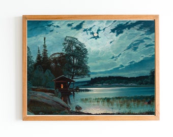 ART PRINT | Rustic House on River Shore Oil Painting | Magical Night with a Half Moon Wall Print | Moonlight Over the Lake