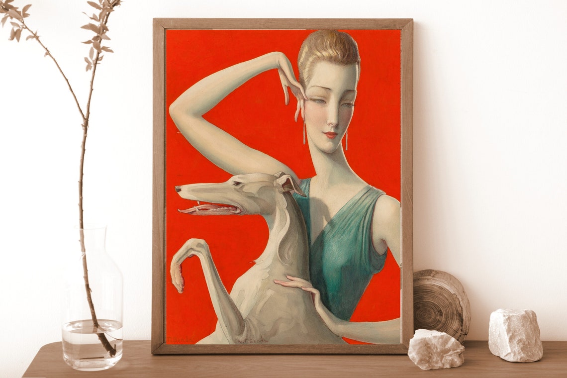 ART PRINT | Elegant Woman and Afghan Hound Dog Oil Painting | Vintage ...