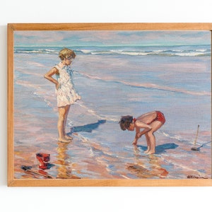 KUNSTDRUCK | Junge und Mädchen spielen am Strand Wand Kunstdruck | Papier Schiff Ölgemälde | Kind am sonnigen Tag Home Decor | Küsten Kunstwerk