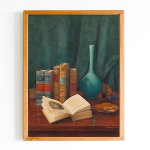 ART PRINT | Vintage Still Life Oil Painting | Still Life With Old Books Wall Art Print | Antique Books Wall Art Print | Library Wall Decor