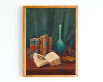 ART PRINT | Vintage Still Life Oil Painting | Still Life With Old Books Wall Art Print | Antique Books Wall Art Print | Library Wall Decor