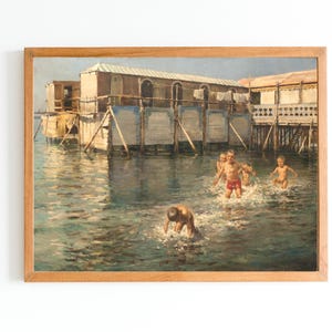 ART PRINT | Vintage Children Painting | Summer Childhood Art Print | Children&#39;s Room Wall Art | Kids Playing in the Sea Art