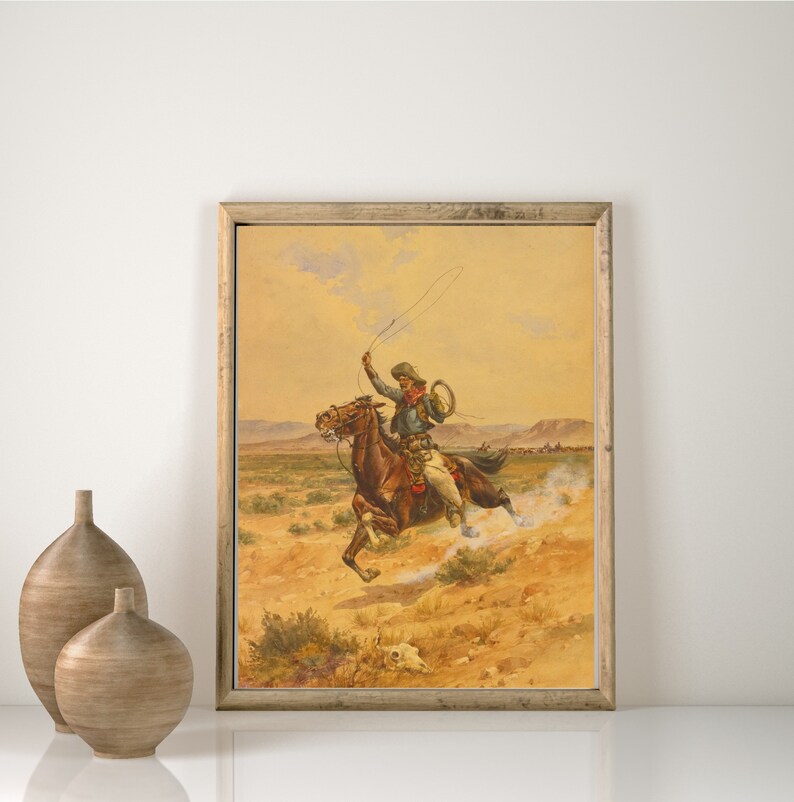 Vintage Cowboy Konsttryck | Vilda Västern Häst Oljemålning bild 3