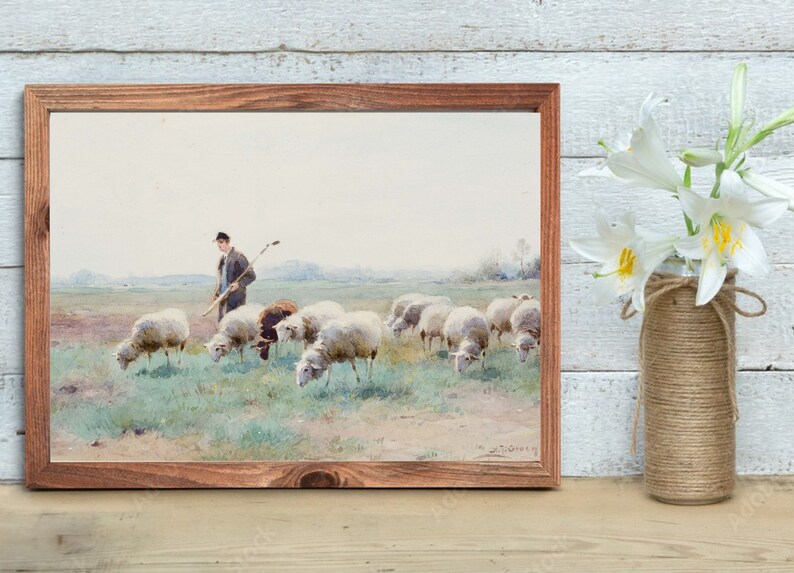 Vintage Sheep Painting Art Print | Farmhouse Pastoral Landscape - Etsy