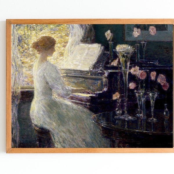 KUNSTAFDRUK | Vrouw die piano speelt olieverfschilderij | Muziekinstrument kunst aan de muur afdrukken | Interieur scène woondecoratie | Impressionistische kunstwerken