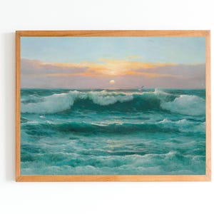 ART PRINT | Seascape Oil Painting | Ocean Waves Art | Coastal Decor | Evening Tide Wall Art | Vintage Sunset | Beach Decor