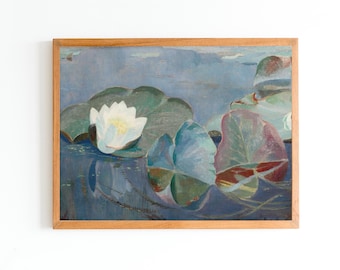 Könnte beinhalten: Gerahmtes Gemälde einer Seerosen-Szene. Das Kunstwerk zeigt eine weiße Blüte mit gelbem Zentrum, umgeben von grünen und blauen Seerosenblättern. Das Wasser ist tiefblau und der Rahmen hellbraun.
