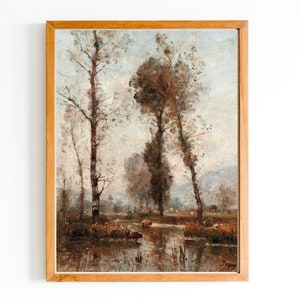 KUNSTDRUCK | Vintage Landschaftsmalerei | Kuh Bild | Land Vintage Kunst | Bauernhof Gemälde | Hohe Bäume Kunst