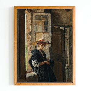 ART PRINT | A Lady with Straw Hat by the Window Oil Painting | Vintage Woman Portrait | Antique Oil Art | Female Figurative | Dark Interior