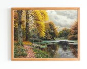 ART PRINT Vintage Riverscape Painting Boat Art Print Autumn Riverscape Print Antique Fall Oil Painting Nature Art Print