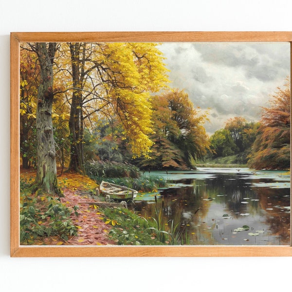 ART PRINT | Vintage Riverscape Painting | Boat Art Print | Autumn Riverscape Print |  Antique Fall Oil  Painting | Nature Art Print