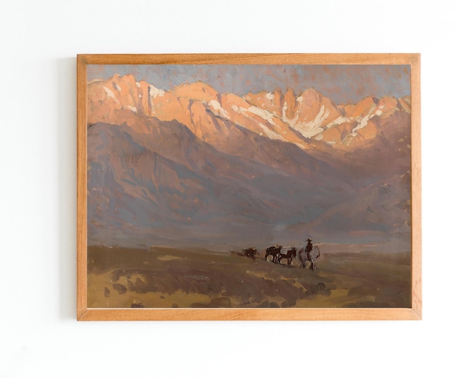ART PRINT | Vintage Western Oil Painting | Wild West Wall Art Print | High Sierras Home Decor | Rider with Pack Horses Beneath Mount Whitney